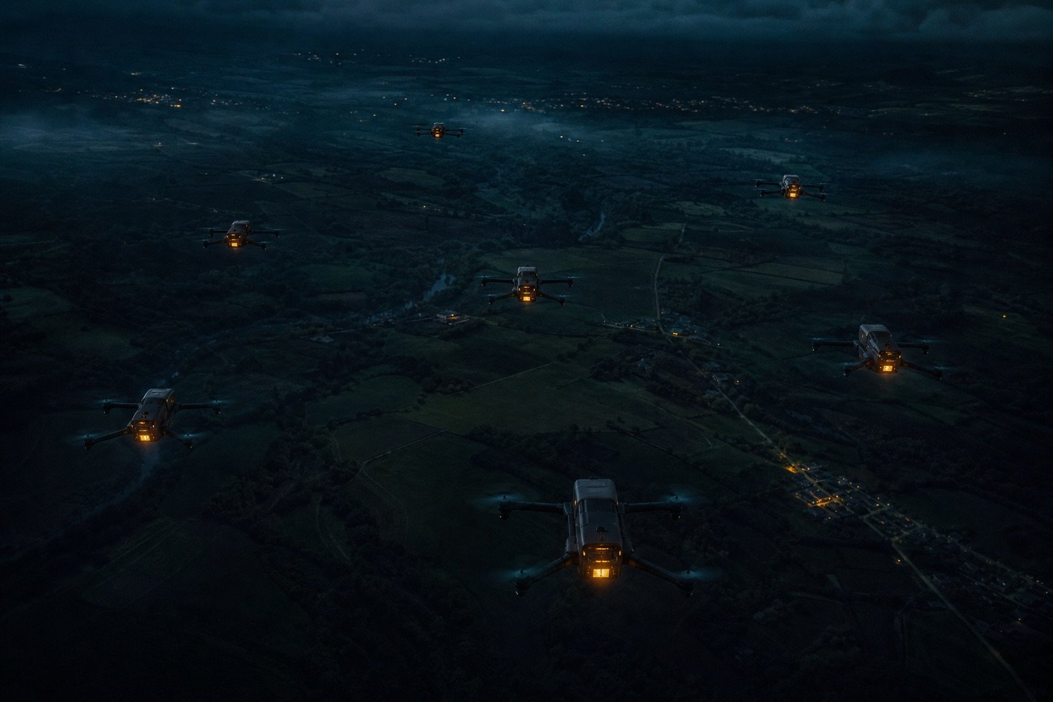 Autonomous drone swarm in night formation over European terrain