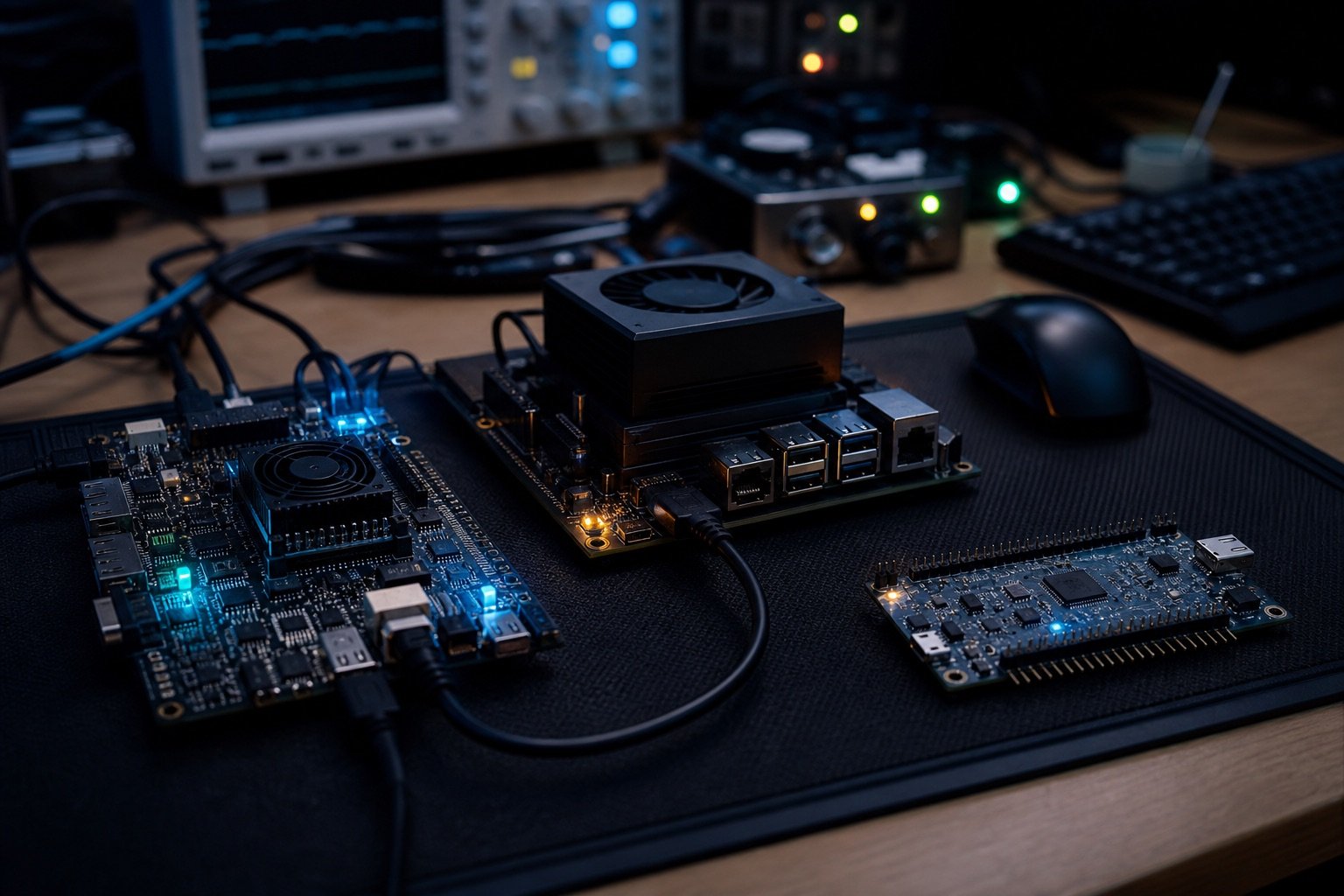 Electronics bench with AI module, FPGA board and MCU