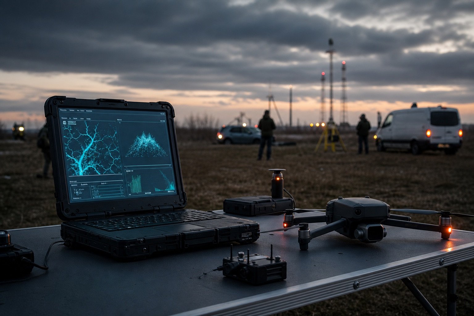 Field operations laptop and drone during a dusk trial