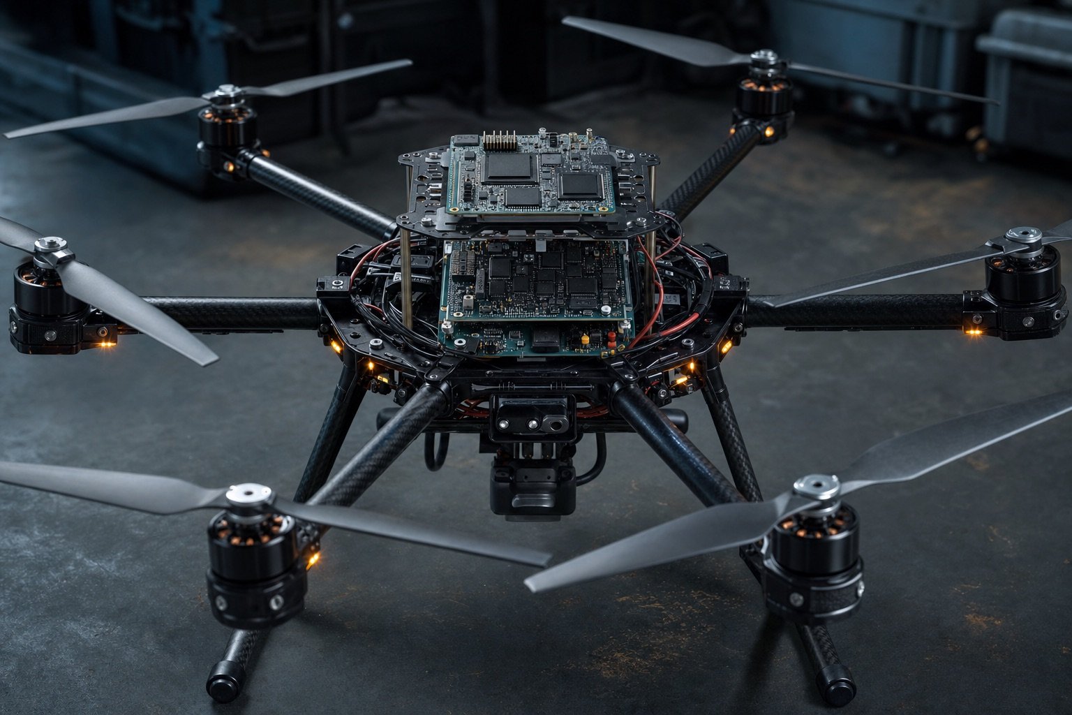 Research hexacopter with exposed multi-chip avionics stack
